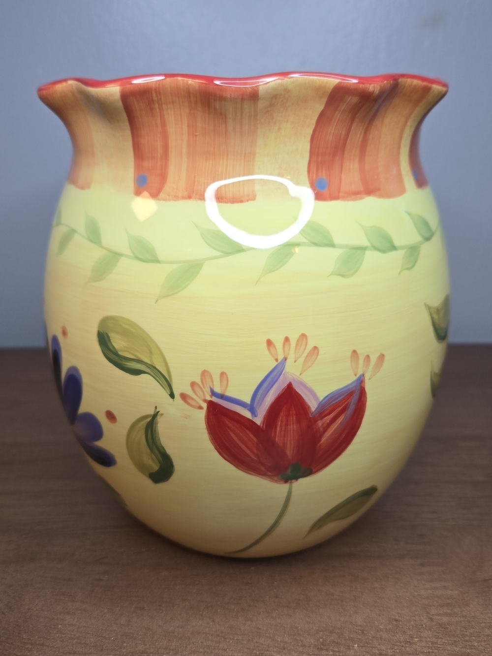 Hand-Painted Floral Ceramic Vase in Yellow and Red